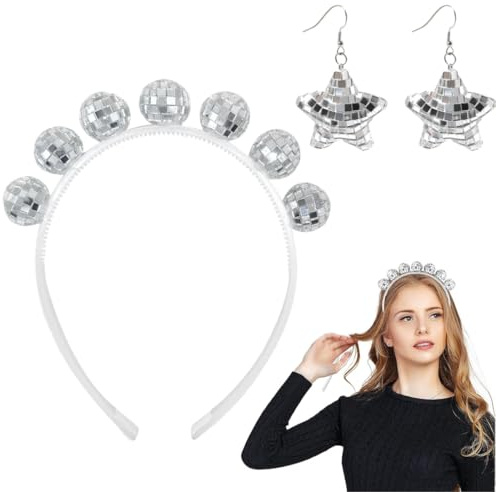 MLRUQRX Discokugel Haarreif Und Stern Ohrringe Discokugel Kopfschmuck Glitzer Haarreif Discokugel Silber Haarreifen Mit Discokugel Stirnband Disco Für 70Er 80Er Jahre Outfit Party Kostüm Zubehör