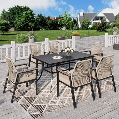 PHI VILLA Gartenmöbel Set Outdoor Balkon Esstisch mit 6 Rattan Stühlen und 1 Rechteckig Metall Gartentisch, 7-teiliges Gartenset Tisch und Stühle für 6, Patio Dining Table Set für Hinterhof Veranda