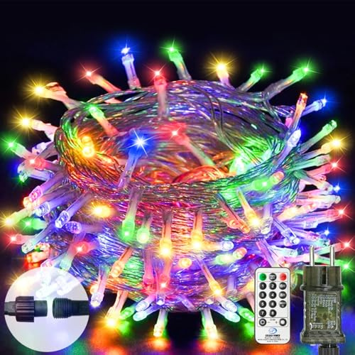 btfarm Luci Albero di Natale con Telecomando, 10M 100 LED Luci di Natale da Esterno e Interno Timer, 8 Modalità Impermeabile Catena Luminosa Natalizia Decor per Giardino, Casa, Multicolore