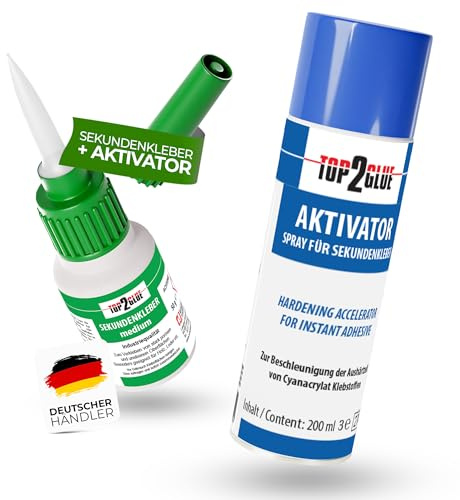 Top2glue XXL Sekundenkleber Medium extra stark mit Aktivator 50 g + 200 ml | Mittelviskoses Set mit 50 g Sekundenkleber und 200 ml Aktivator Spray für Holz, Metall, Kunststoff, Glas und Keramik