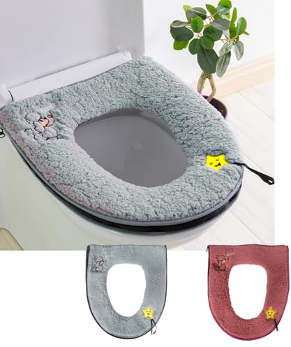 2PCS Toilet Seat Cover Cushion Pads, Bathroom Soft Thicker Warmer Toilet Cover with Handle and Zipper, Padded Toilet Seat Cushion Cozy Breathable Reusable Washable (Red and Grey)