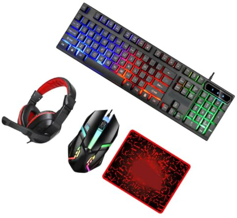 SHINEOFI Teclado y Ratón Gaming con Auriculares Cableados y Alfombrilla Teclado con Iluminación Led Colores Compacto y Fácil De Instalar Compatible con Ordenador y Portátil