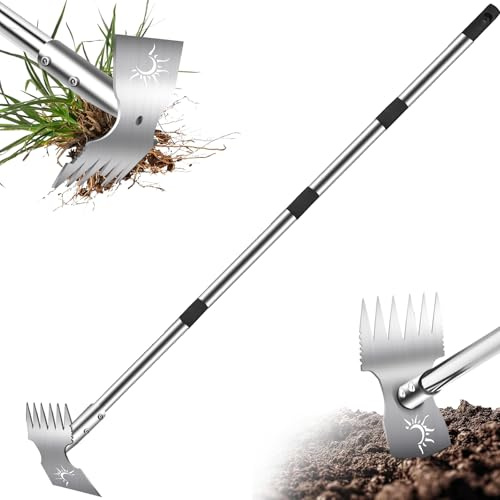 Weed Puller Tool with Long Handle, 60inch Manual Weed Puller Tool,2 in 1 Hand Weed Rake,Heavy Duty Garden Hoe,Uprooting Weeder Remover for Garden (Chrome(Stainless Steel), 60 Long Handle)