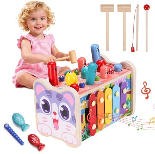 Farnirvana Jouet Montessori 1 an, 5 en 1 Jouet Xylophone Bebe, Jeu De Taupe, Jeu Pêche,Jeux d'engrenage, Jeu Motricité Fine Développement Cadeau pour Cadeau Enfant 1 2 3 Ans Garcon Fille Anniversaire
