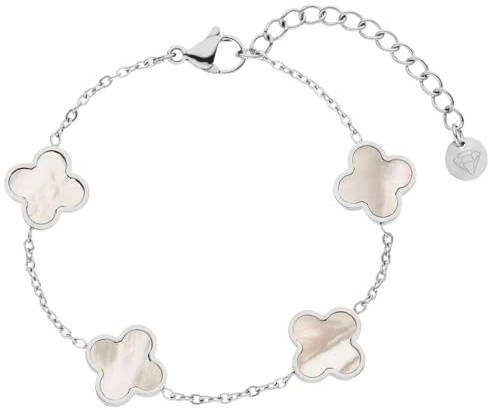 DIAMOND MODE Kleeblatt Armband Damen Silber – Schmuck, Clover Perlmutt, Chirurgenstahl 316L, wasserfest, verstellbar 16–20 cm – Geschenk