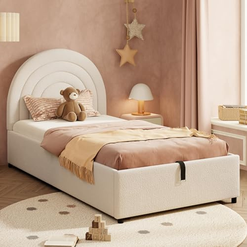 Merax 3ft Single Upholstered Bed with Storage, Girls Single Ottoman Bed with Hydraulic & Wooden Slatted Frame, for adults and teenagers, Boucle, Beige/90x190 cm (No Mattress)