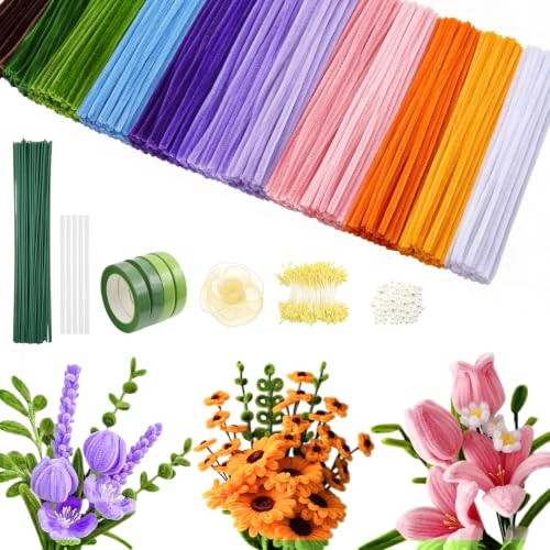 800 Stück Pfeifenreiniger Blumen Set, 13 Farben Pfeifenputzer zum Basteln | Mit 50 Stück grünem Blumendraht, Geschenkband & Klebeband, Ideal zu Valentinstag, Weihnachten & Geburtstagen