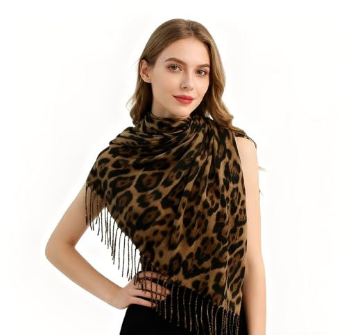 MOAZIFI Leopardenmuster Schal Damen – Weicher Winter Schal Leo – Modischer Leoparden Schals für Damen, Warm & Hautfreundlich, leo schal damen Herbst Winter mit Fransen ﻿