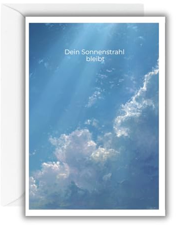WBdesignz Kondolenzkarte „Dein Sonnenstrahl bleibt“ mit weißem Umschlag – moderne Trauerkarte mit Himmel, Sonnenstrahlen zur Beerdigung – edle Beileidskarte zum Ausdruck von Trost & Hoffnung (DIN A6)