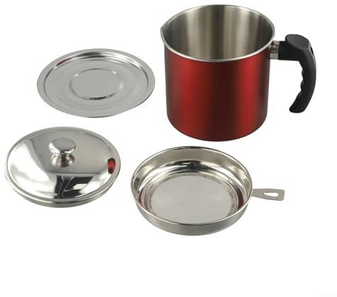 Bulevisiter Recipiente colador de grasa de acero inoxidable de 1,3 L con filtro de malla fina y tapa para filtrar aceite de cocina usado, reutilizar aceite de freír, coco (rojo)