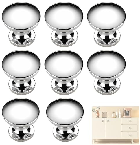 GIONAR 8 Cupboard Handles Knobs, 22mm Door Knobs, Zinc Alloy Kitchen Cupboard Knobs with Screws, Suitable for Cabinets, Drawers, Wardrobes, and Furniture (Shiny Silver)
