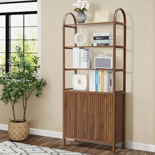 GuannCraft Wavy Front Design 4-stöckiger offener Bücherregal-Aufbewahrungsschrank – MDF-Holz-Regalorganizer für Wohnzimmer, Schlafzimmer, Home Office – Freistehendes modernes Regal mit Türen