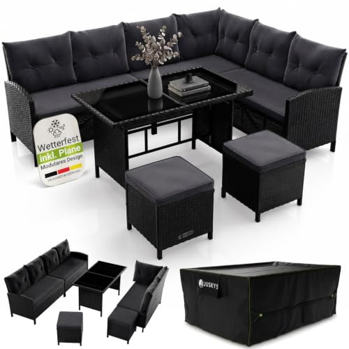 Juskys® Polyrattan Lounge Manacor mit Ecksofa, Esstisch, 2 Hocker & Kissen inkl. Abdeckung - wetterfest bis 7 Personen - Bezüge waschbar - Rattan Garten Sitzgruppe Gartenmöbel Set - Schwarz/Grau