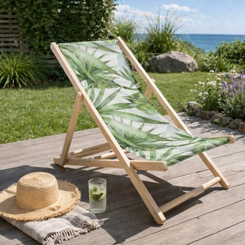 HAGO24 Strandliege Farn Sonnenliege Gartenliege Liegestuhl Klappstuhl Holz Kiefernholz Polyester 3fach verstellbar faltbar Balkon Terrasse 120kg