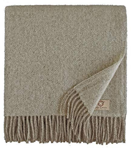 Linen & Cotton Soft Thick Wool Throw/Blanket Columbus - 100% Pure New Zealand Wool, Brown/Natural (140 x 200cm) Travel/Warm Plaid for Sofa Bed Couch Settee Bedspread Single Double Lambswool