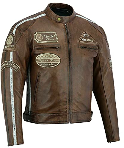 BOSmoto Herren Retro Biker Lederjacke Motorrad Jacke Race Streifen Rockerjacke Chopper 5Xl