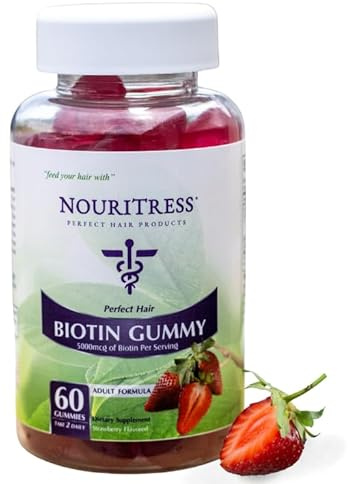 NouriTress Perfect Hair Biotin Gummies - 60 ct. | 5000 mcg | Soft Chew | Supports Healhty Hair, Skin and Nails | Strawberry Flavored | Soft Chew | 1 Month Supply