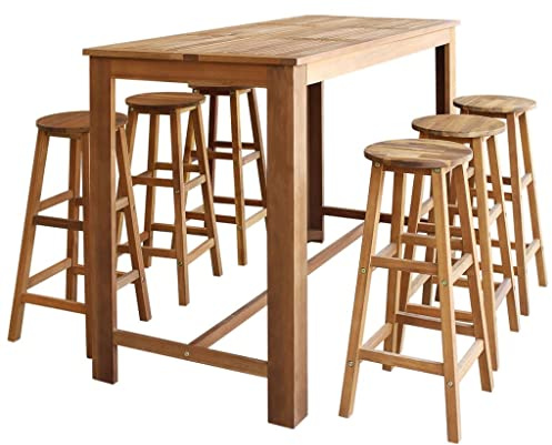 vidaXL Acacia Set Mesa Bar Taburetes 7 Pzas Mesilla Alta Banco Asiento Mueble