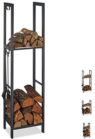 Relaxdays Scaffale Porta-Legna con 2 Ripiani, 150 x 40 x 30 cm, 4 Ganci per gli Accessori da Camino, Acciaio, Antracite