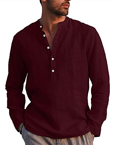 LVCBL Camicia da Uomo A Maniche Lunghe Estiva per Il Tempo Libero in Lino Vestibilit Normale Rosso Vivo L
