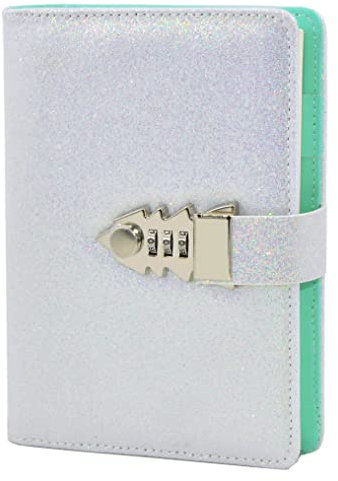 LanSun NectaRoy Lock Journal Lockable Refillable Diary, Writing Notebook Planner Organizer with Combination Lock, Gilliter Cover Travel Journal with Lock, 185x135mm, Gilliter White