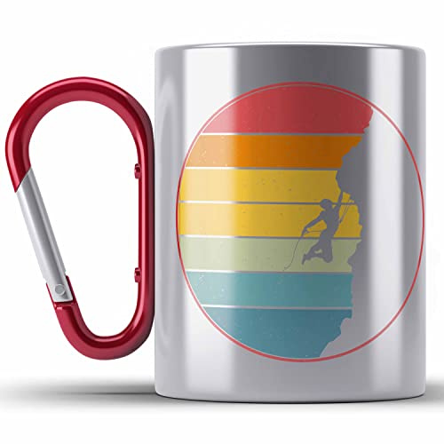 Trendation - Klettern Bergsteigen Geschenk Edelstahl Tasse Karabiner Boulder Geschenkidee Berge (Rot)