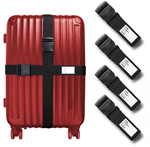 4 Stück Schwarz Verstellbare Koffer Gepäckgurte(200cm x 5cm),Strapazierfähig Gepäckgurte für Koffer Namensschild,Personalisiert Koffergurte Set Kofferband Gepäckband Gepäckriemen(Schwarz)