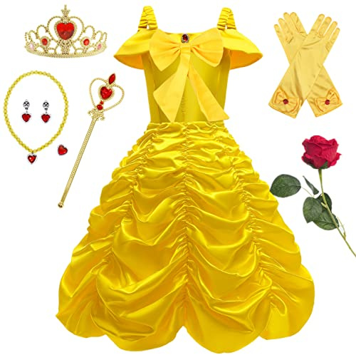 YOGLY Disfraz de Princesa Belle Niña Cosplay La Bella y La Bestia Maxi Vestidos de Noche y Accesorios para Niños Dress Halloween Navidad Fiesta Fancy Ceremonia Bautizo Vestidos Amarillo 2-10 años