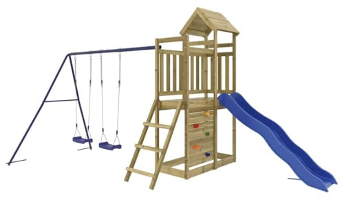 vidaXL Spielturm, Klettergerüst mit Rutsche Schaukel Kletterwand, Kinder Kletterturm mit Holzdach, Spiel-Zubehör für Garten, Holz Spielplatz, Imprägniertes Kiefernholz