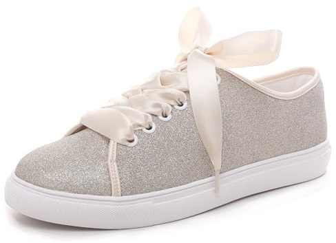Elivandon 16052 Bröllopsskor bling brudsneakers platta brud tennisskor glänsande paljettskor glittrande sneakers, Champagne, 39.5 EU