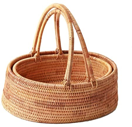 FURLOU Rattan Oval Picknickkorb Osterkorb Einkaufskorb, Braun(Size:2 Piece Set)