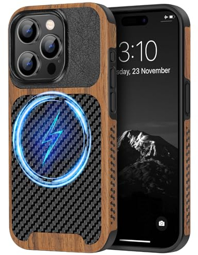 TENDLIN Magnetische Schutzhülle Kompatibel mit iPhone 15 Pro Hülle Holz und Carbon Textur Design Leder Hybrid Handyhülle (kompatibel mit MagSafe) Schwarz