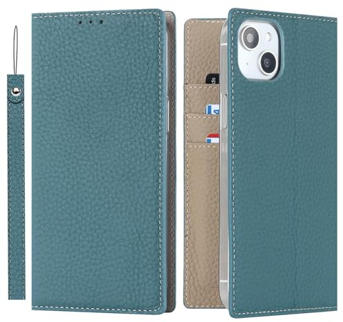 ELTEKER Hülle für iPhone 15 Handyhülle [Echtes Leder] Klapphülle mit Kartenfach,Schutzhülle Leder Hülle für iPhone 15-hellblau