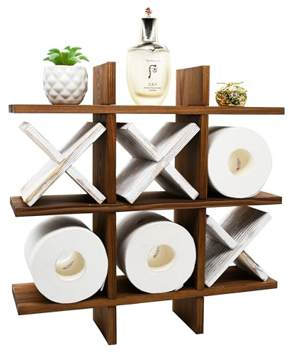Owlgift Tic Tac Toe Toilet Paper Holder Rack Rustic Burnt Wooden Toilet Paper Storage Bathroom Hanging Storage Wall Mounted Shelves Décor for Toilet Tissue Farmhouse