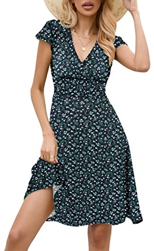 Zeagoo Dam A-linjeklänning V-ringad blommig klänning eleganta sommarklänningar kortärmad fritidsklänning jerseyklänning knälång swing stretchiga klänningar, Grön, M