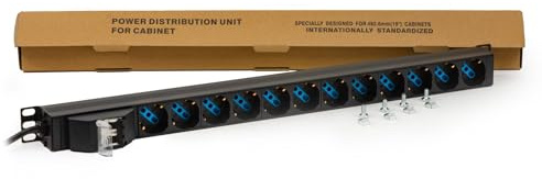 Connetto CO10057 multipresa verticale a 12 porte universali per armadi rack con interruttore magnetotermico e cavo 1,75m 16A, struttura in metallo, dimensioni 65x6x6 cm. Alette reversibili.
