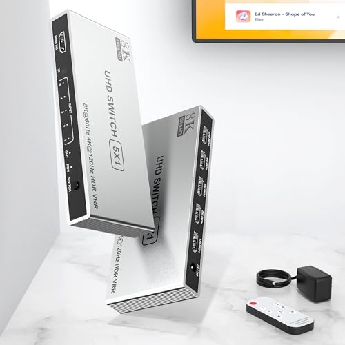 Switch HDMI 8K 60Hz/4K 120Hz, Aluminum Multiprise HDMI Switch 5 Entrées 1 Sortie, Commutateur HDMI avec IR Télécommande Supporte 3D HDR10 HDCP2.3 VRR, HDMI Splitter pour PS5/4/3, DVD, Xbox, PC, TV