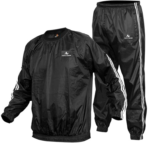 NORTH EDGE Heavy Duty Sweat Suit Sauna for Exercise Gym Sauna Suit Fitness workout Anti-Rip (Round Neck Black, Medium)
