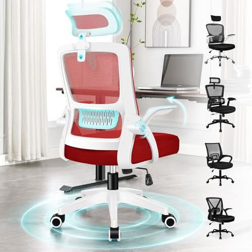 ALFORDSON Silla Escritorio Ergonómica,Sillas Oficina Ejecutiva con Ajustable Reposacabezas,Reposabrazos Abatibles, Cadeira Malla Idea Oficina,Casa,Recepción,Reuniones, Soporta 180kg(Roja)