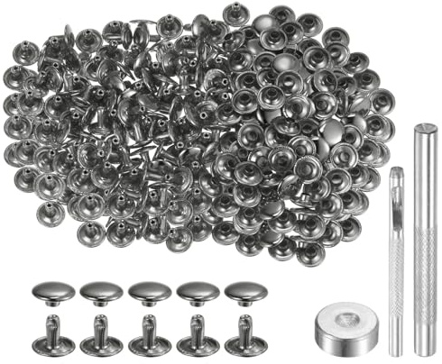 QUARKZMAN 200 uppsättningar lädernitar 10 mm x 8 mm metall dubbla lock nitar tryckknappar, fästelement med 3 st verktyg för att ställa in läderhantverk reparation dekoration, gun metall
