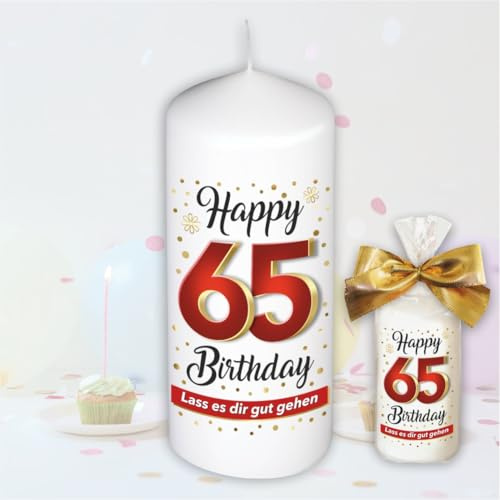 Stumpenkerze - Geburtstagskerze zum 65. Geburtstag, Happy Birthday - Für Dich | Motive auf Tattoofolie | Geschenkfolie und goldener Schleife | Kerze mit Geburtstagszahl Zahl in Geschenkverpackung