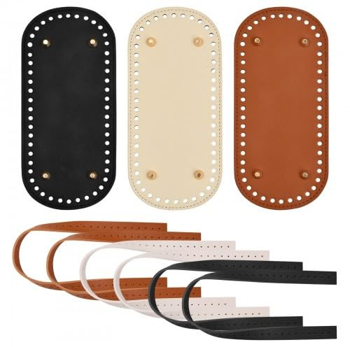 Dokeno 3 Stück Taschenboden zum Häkeln aus Leder, taschenförmiger Henkel mit 6 PU-Schultergurten, Kunstleder, Ovaltasche, Häkeln für Handtaschen, Strickbeutel, DIY-Zubehör