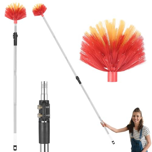 TOXYMHO Cobweb Duster with Extension Pole, 4-7.7 ft Adjustable Telescopic Pole, Medium Stiff Bristles, Lightweight Spider Web Brush for High Ceilings, Walls, Indoor & Outdoor Cleaning, Red
