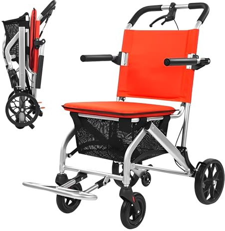 Sedia a Rotelle da Transito Pieghevole Leggera in Alluminio da Viaggio con Cestino Portaoggetti Sedia a Rotelle Slim per Anziani Braccioli e Poggiapiedi Reclinabili