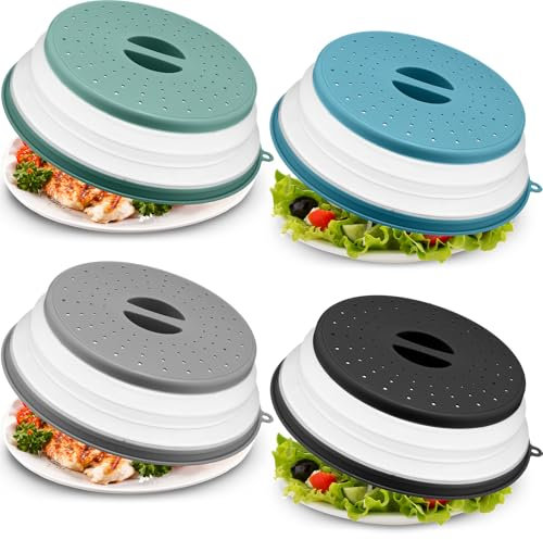 Hoolerry 4 Pack Microwave Splatter Cover for Food Silicone Lids Kitchen Gadget Set Microwave Cover with Water Steamer Kitchen Ware Set Splatter Cover(Gray, Black, Ink Blue, Dark Green)