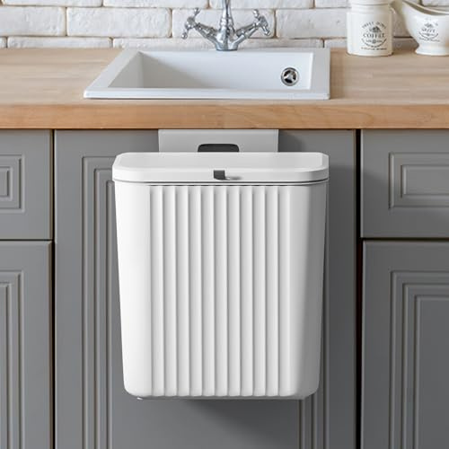 Warmiehomy 9L Under Sink Hanging Kitchen Bin with Lid, White | Wall-mounted Compost Bins, Food Waste Trash Bin with Lid, for Cabinet Cupboard & Bathroom, 26 x 15.5 x 28.8cm