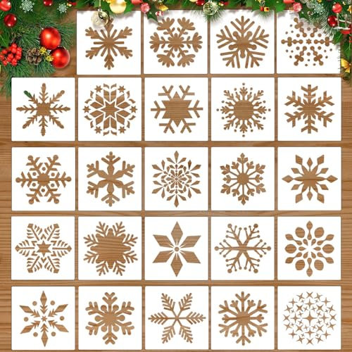 Qpout 24Stück große Schneeflocken-Schablonen, 5,9x5,9 Zoll wiederverwendbare Weihnachtsschablonen zum Basteln, Malen auf Holz, Wänden und Glasfenstern