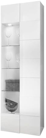 AltoBuy Rebecca - Vitrine 1 Porte Finition Blanc Laqué Relief Weiss Damiers et LEDs