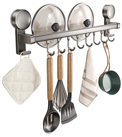Porte-Ustensiles Cuisine avec 8 Crochets, Support Murale sans Perçage, Barre Organisateur de Cuisine 40 cm, Rangement pour Cuisine, Salle de Bain, Armoire (Gris)