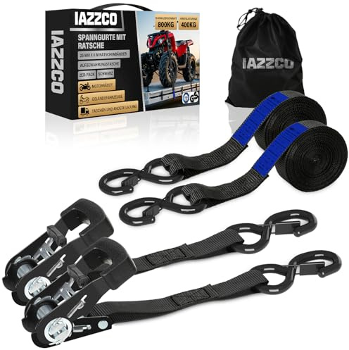 IAZZCO Spanngurt mit Ratsche mit S Haken,TÜV/GS Zertifiziert,Schwarz/2 Set | 6M x 25MM,800KG Bruchlast & EN 12195-2,Rutschfeste Griffe, Ratschengurte mit Nockenschnalle,für Motorrad, Auto & Transport